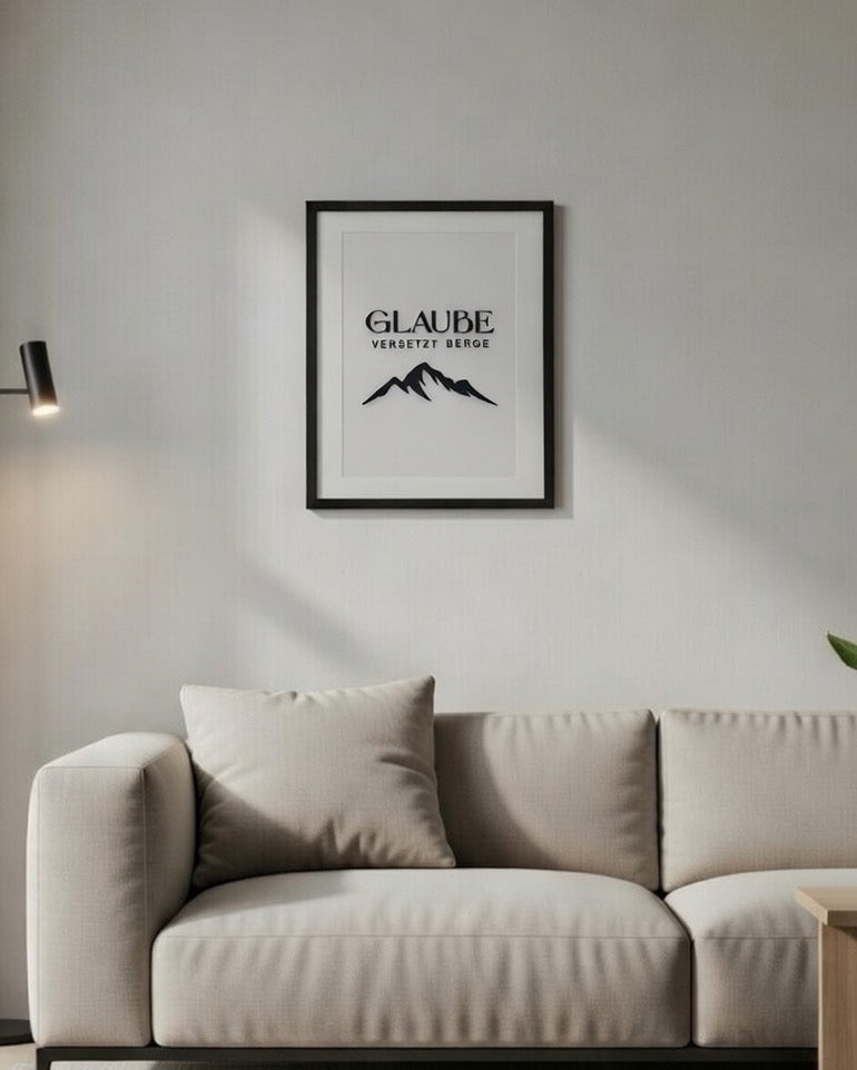 Glaube versetzt Berge • Bilderrahmen mit Holzschrift
